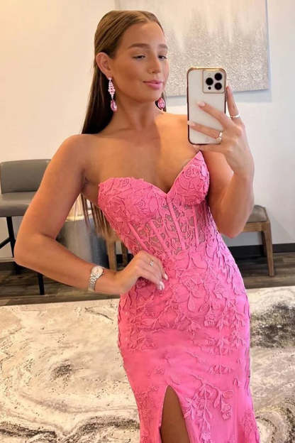 Sweetheart Long Pink Lace Corset Prom Dress with Slit