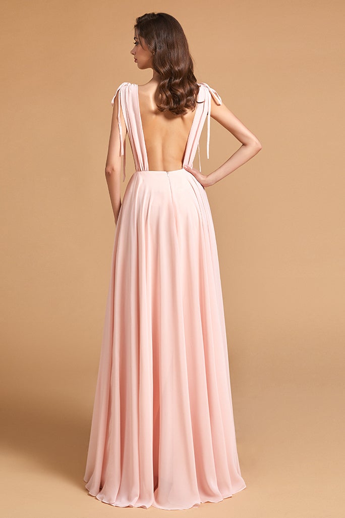 Pink Backless V-Neck Bridesmaid Dress