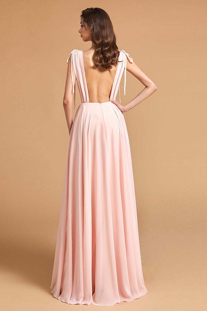 Pink Backless V-Neck Bridesmaid Dress
