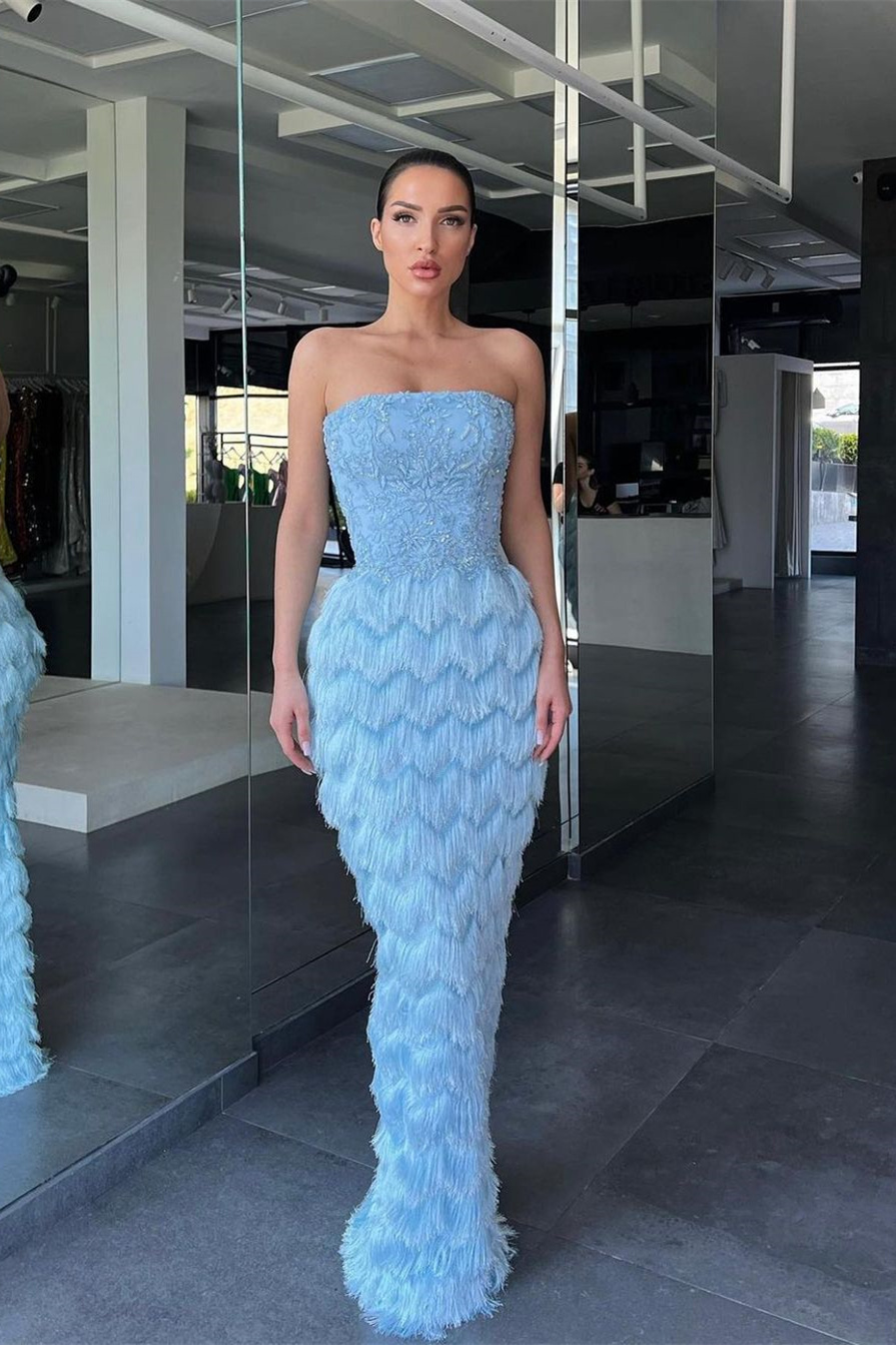 Elegant Sky Blue Strapless Mermaid Prom Dress With Appliques Tassels