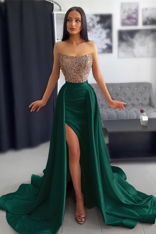 Strapless Dark Pink Slit Mermaid Prom Dress With Chic Sequins Ruffles Appliques