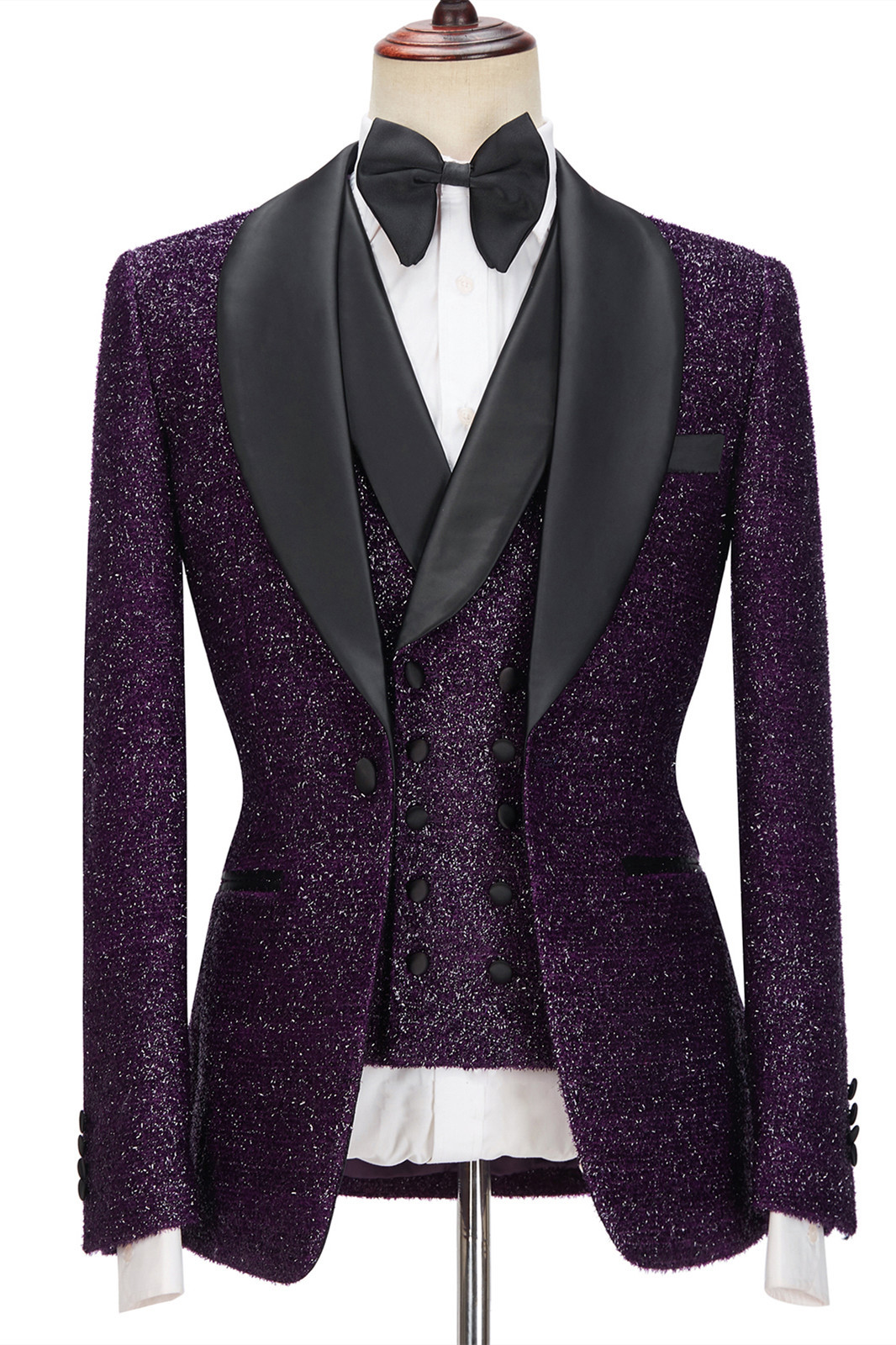 Dark Purple Caleb Bespoke Sparkle Shawl Lapel Three-Piece Men's Suits