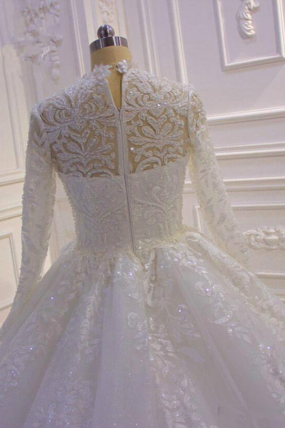 Simple Ball Gown Ruffles High-Neck Long Sleeves Wedding Dress with Appliques Lace