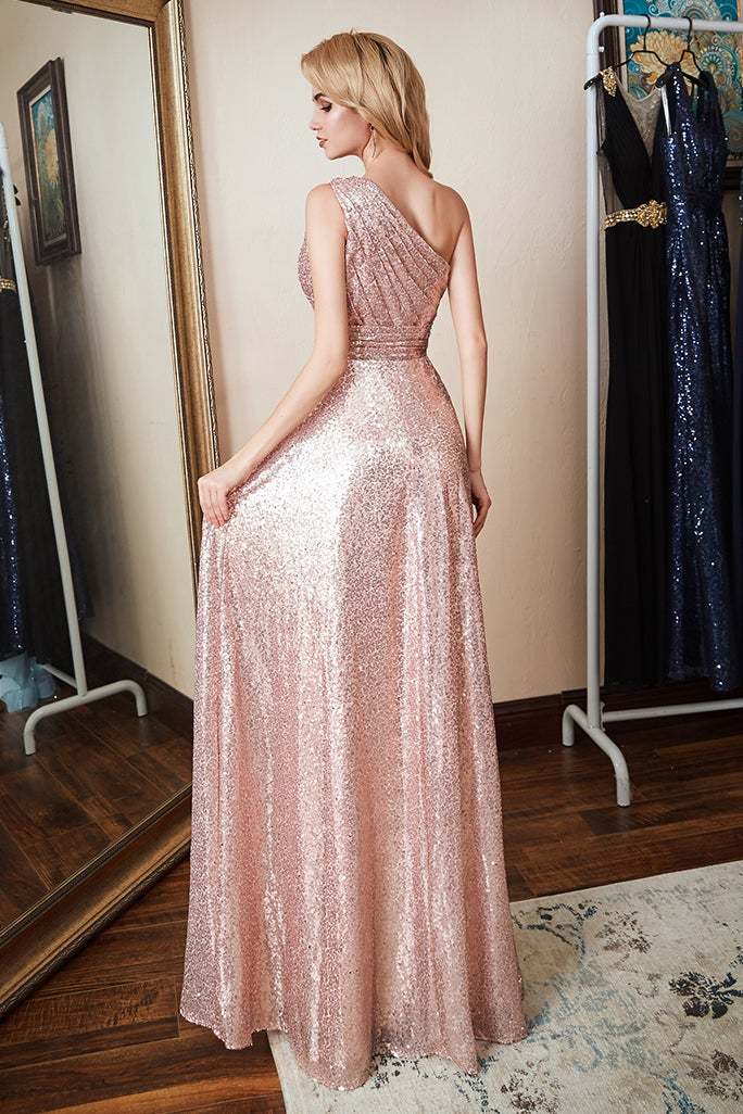 One Shoulder Sequins Bridesmaid Dress Long