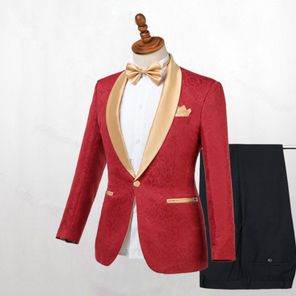Gentle Red One Button Jacquard Men's Wedding Suit with Shawl Lapel
