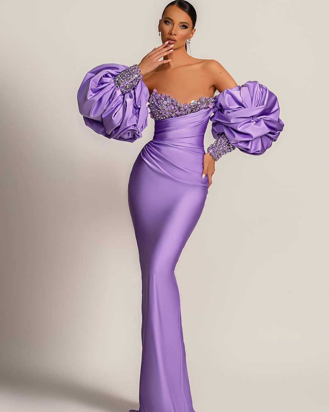 Elegant Purple Bubble Sleeves Sequins Evening Dress