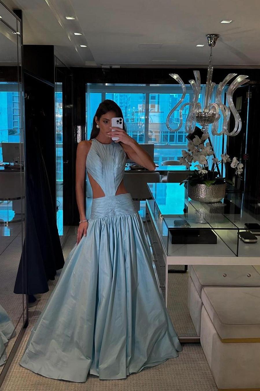 Jewel Neck Backless Sleeveless A Line Long Formal Dress With Pleated