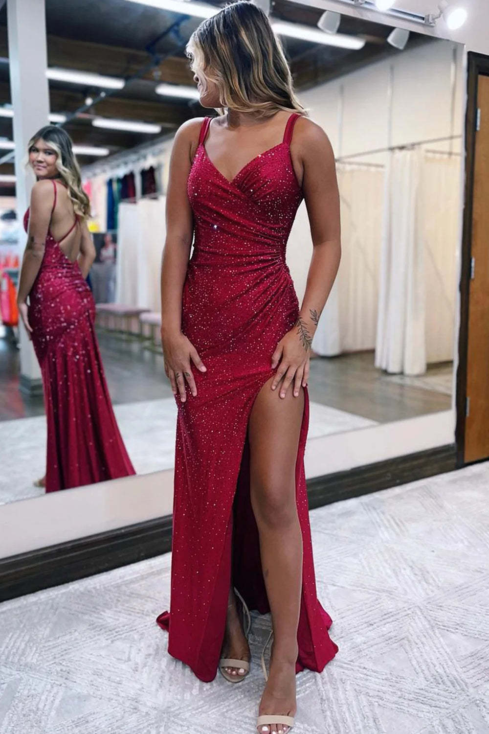 Long Prom Dress with Sparkly Dark Red Spaghetti Straps and Slit