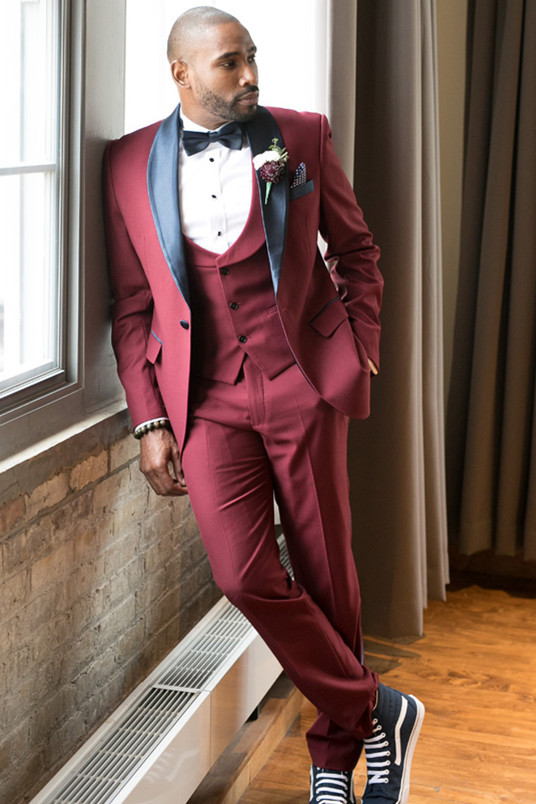 Stylish Slim Fit Burgundy Wedding Tuxedo with Black Shawl Lapel