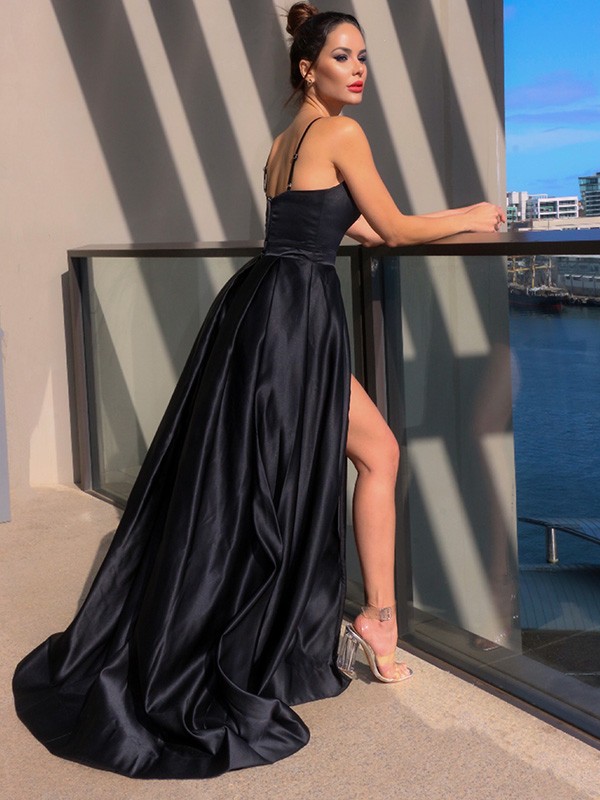 Black Slit Spaghetti-Straps Evening Dress