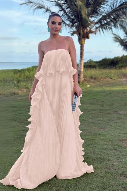 Charming Strapless Sleeveless Long Formal Dress With Pleated Ruffle