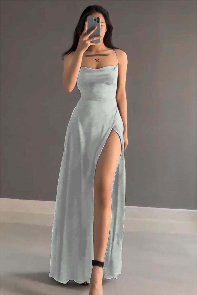 Simple Black Stain Spaghetti Strap Sleeveless Long Formal Dress With Split