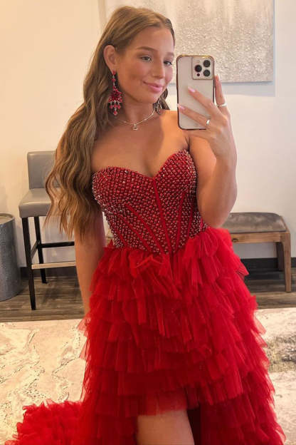 High-Low Prom Dress in Red Tulle