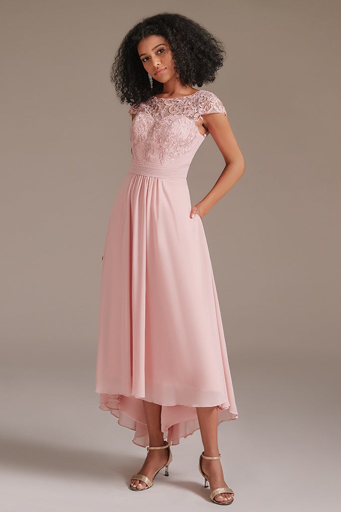Pink Cap Sleeve Applique Bridesmaid Dress with Pockets