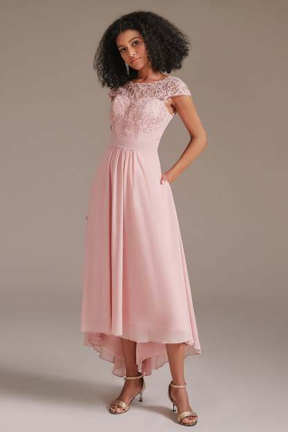 Pink Cap Sleeve Applique Bridesmaid Dress with Pockets