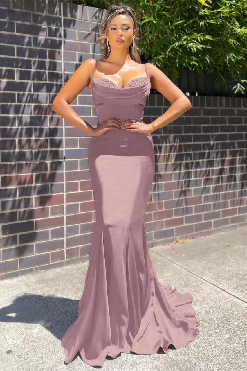 Long Spaghetti Strap Sleeveless Mermaid Ruffles Formal Dress With Beadings