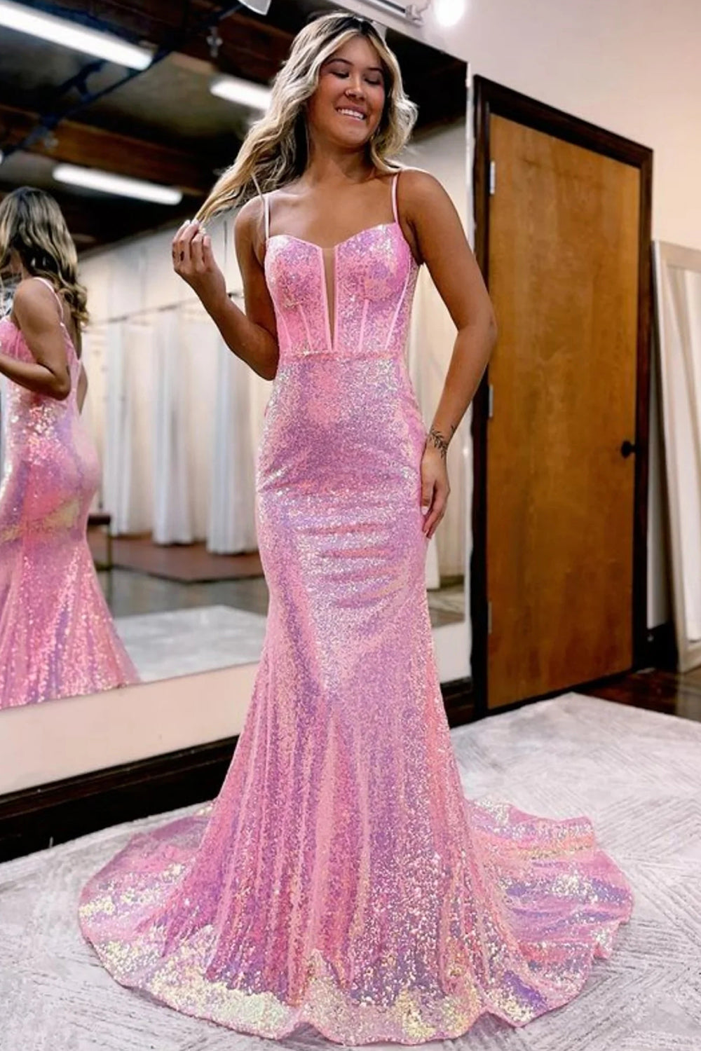 Long Mermaid Prom Dress with Sparkly Pink Sequins and Corset