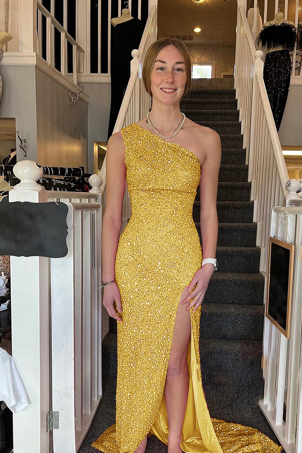 White Sequined Long Prom Gown with One Shoulder and Front Slit