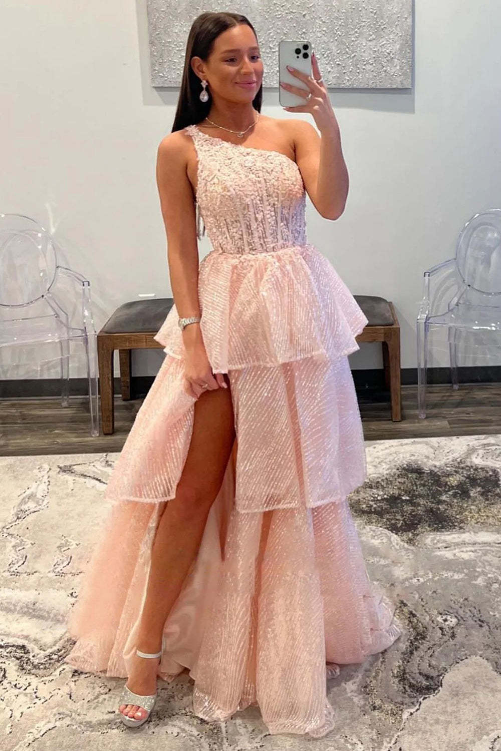 Pink Long Prom Dress with Ruffles in a One-Shoulder A-Line Design