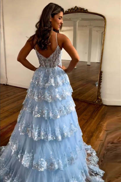 Blue Corset Prom Dress with Princess A Line and Lace Ruffles on Spaghetti Straps