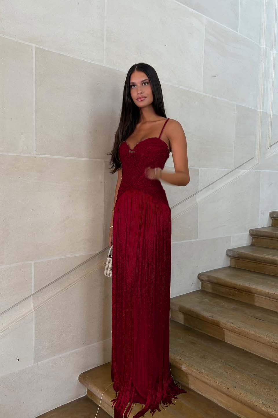 Spaghetti straps Sleeveless Long Formal Dress With Beading Tassel