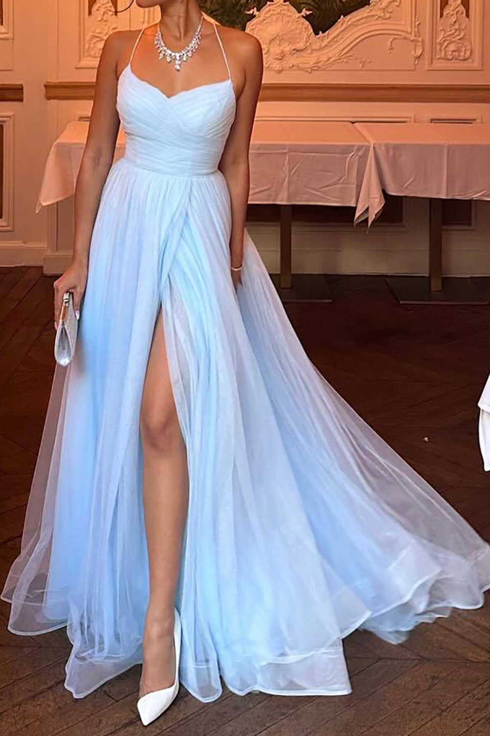 Sky Blue Long Prom Dress with Elegant A Line and Spaghetti Straps Featuring a Split Front