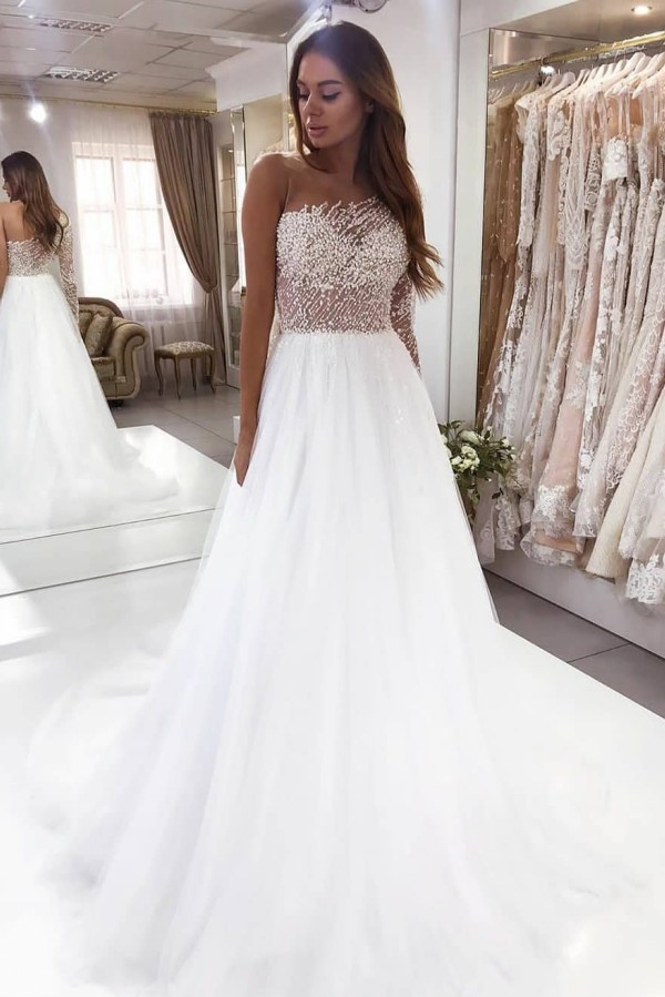 Popular Long Sleeve Bateau Floor-Length A-Line Wedding Dress with Pearl Lace