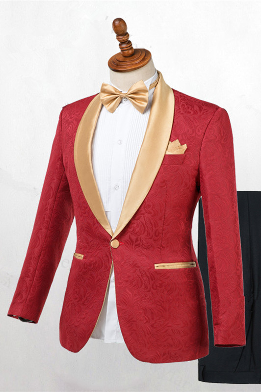 Gentle Red One Button Jacquard Men's Wedding Suit with Shawl Lapel