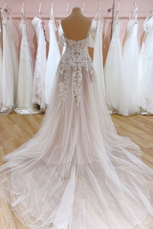 Romantic A-Line Off-the-Shoulder Train Wedding Dress with Sweetheart Backless Tulle