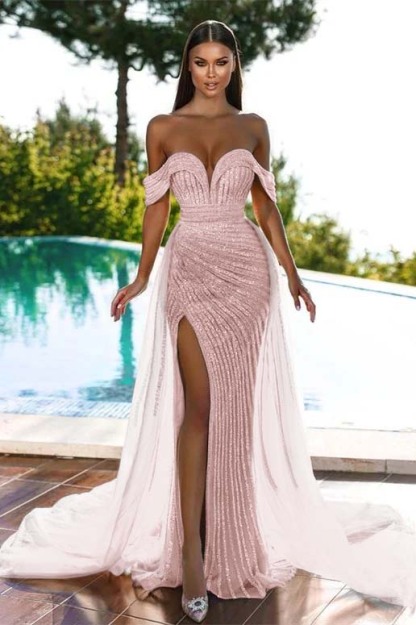 Off-The-Shoulder Gorgeous Sweetheart Mermaid Beadings Evening Dress Sequins With Slit Tulle