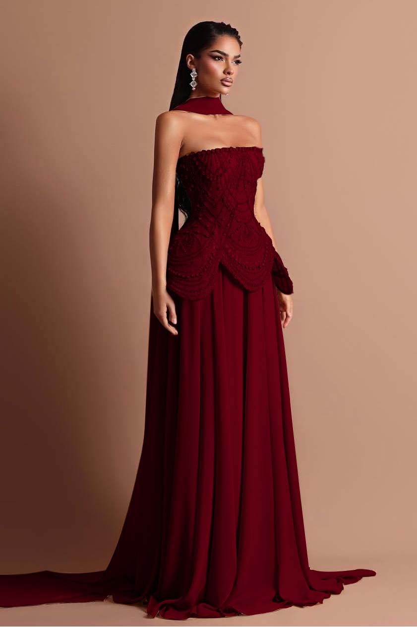 Strapless Sleeveless Long Formal Dress With Beading Pleated Wrap