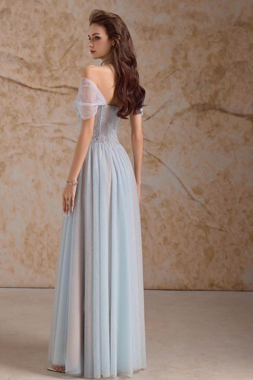 Tulle Off the Shoulder Sleeveless Long Formal Dress With Appliques