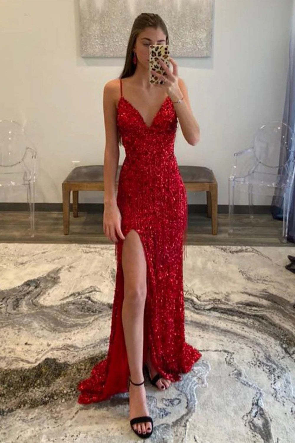 Prom Dress with Slit in Hot Pink Sequins and Glitter