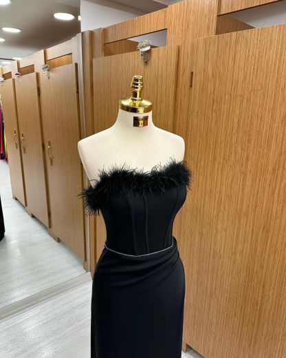 Mermaid Formal Dress Long Black Feather Sequins Sleeveless Strapless