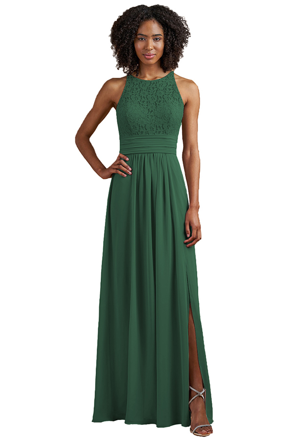 Sleeveless Halter Lace Bridesmaid Dress with Split