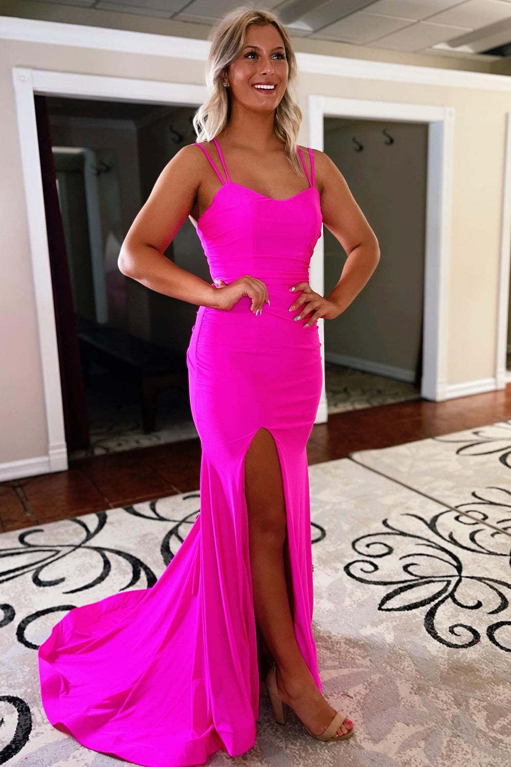 Prom Dress in Blue with Lace-Up Detail and Slit