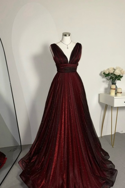Red Black V-Neck Glittery Evening Dress