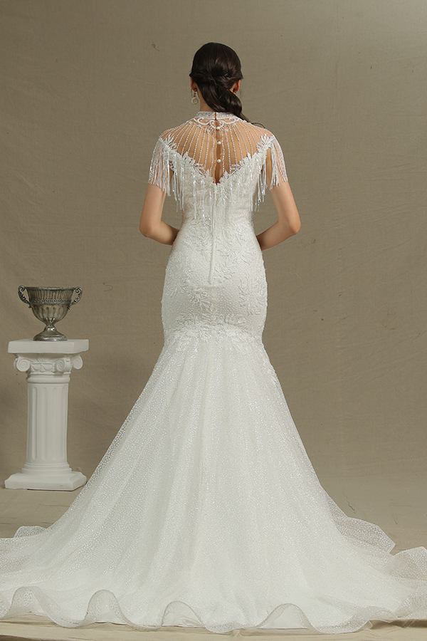 Shimmy High Neck Mermaid Wedding Dress with Beadings Tassel