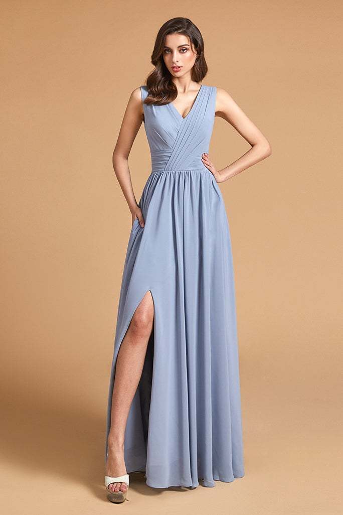 Sleeveless Dusty Blue Bridesmaid Dress with Slit
