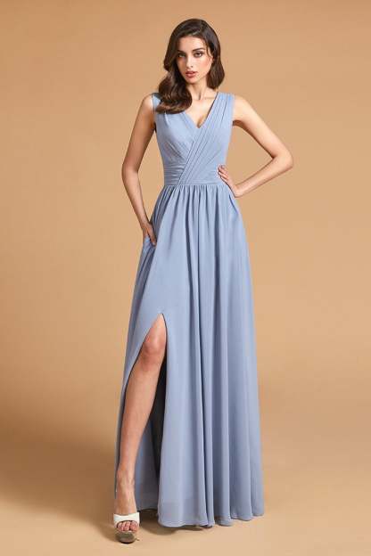 Sleeveless Dusty Blue Bridesmaid Dress with Slit