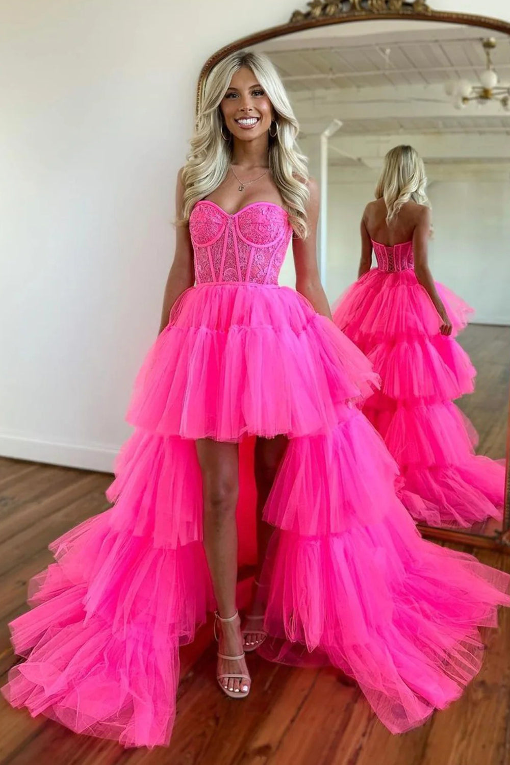 Sweetheart Hot Pink Corset Prom Dress with Appliques in A-Line High-Low Style