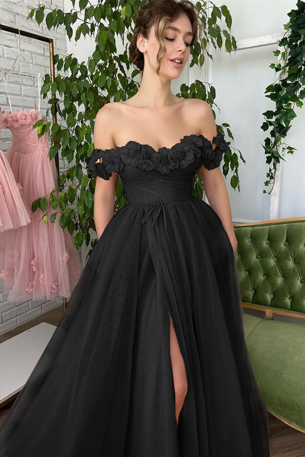 Dusty Pink A-Line Slit Strapless Off-The-Shoulder Evening Dress With Tulle Appliques