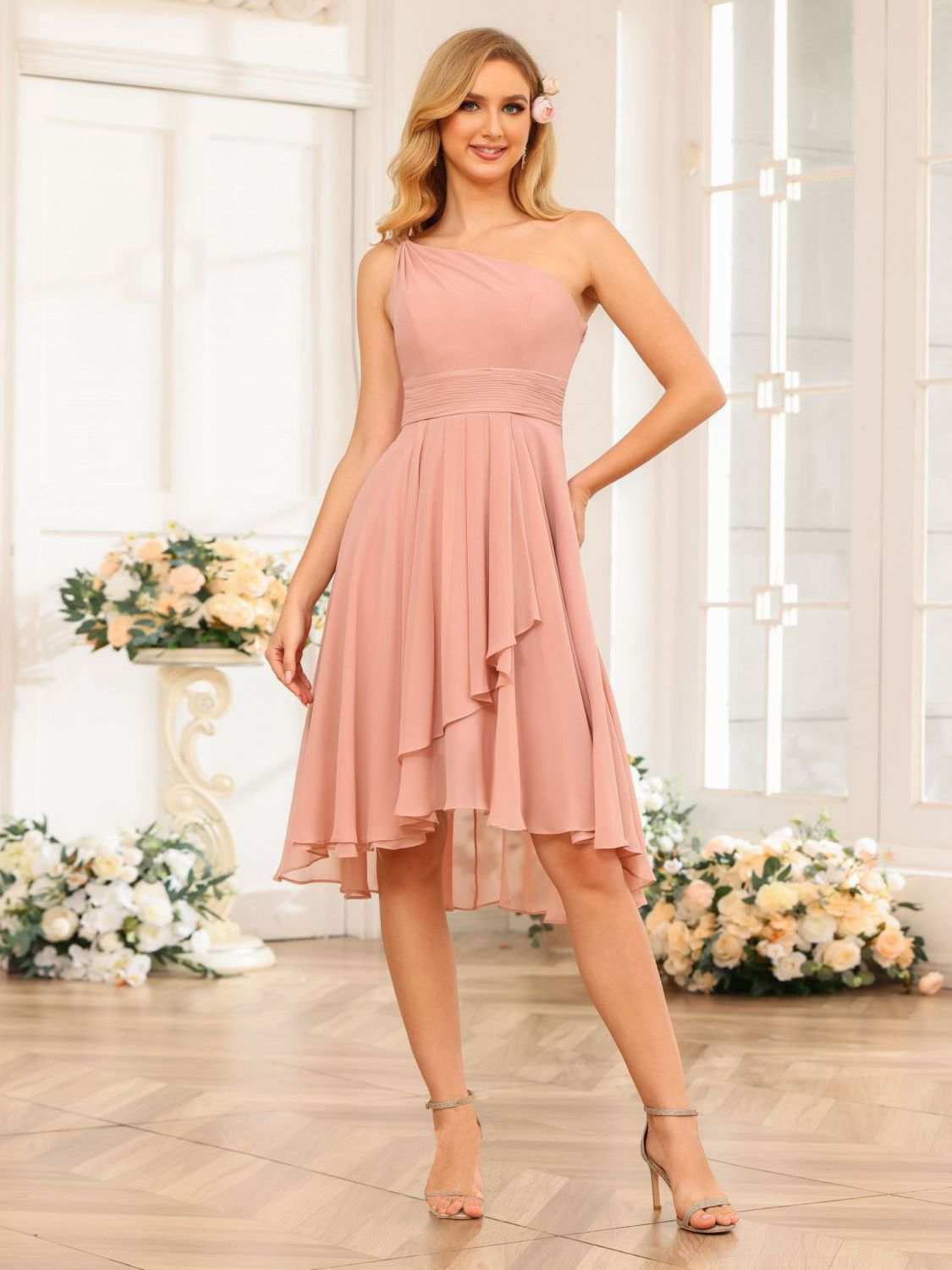 Dark Pink Chiffon One-Shoulder Knee-Length Short Dress
