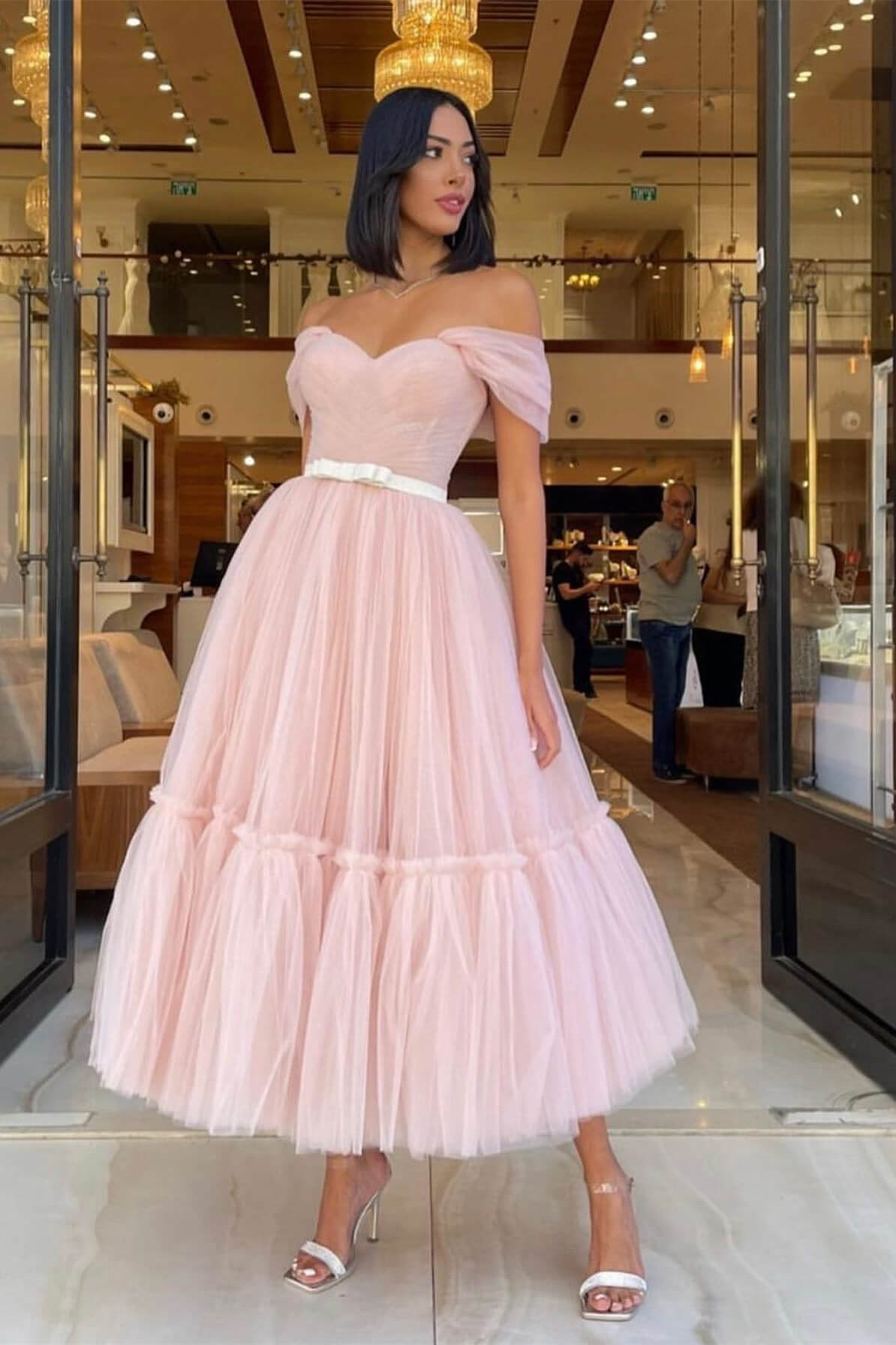 Off-The-Shoulder Light Pink Tulle Prom Dress With Belts Sweetheart