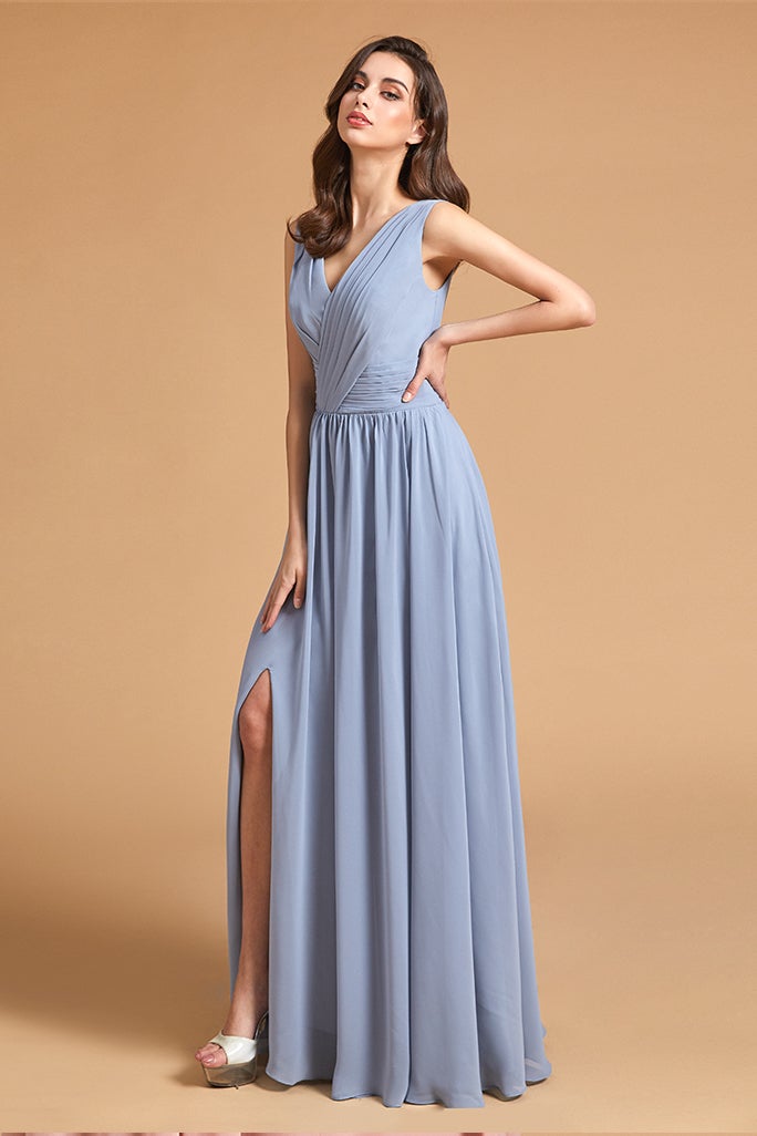 Sleeveless Dusty Blue Bridesmaid Dress with Slit
