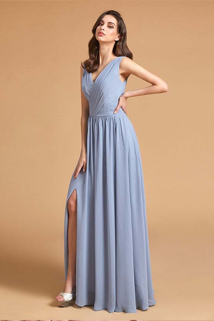 Sleeveless Dusty Blue Bridesmaid Dress with Slit