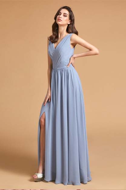 Sleeveless Dusty Blue Bridesmaid Dress with Slit