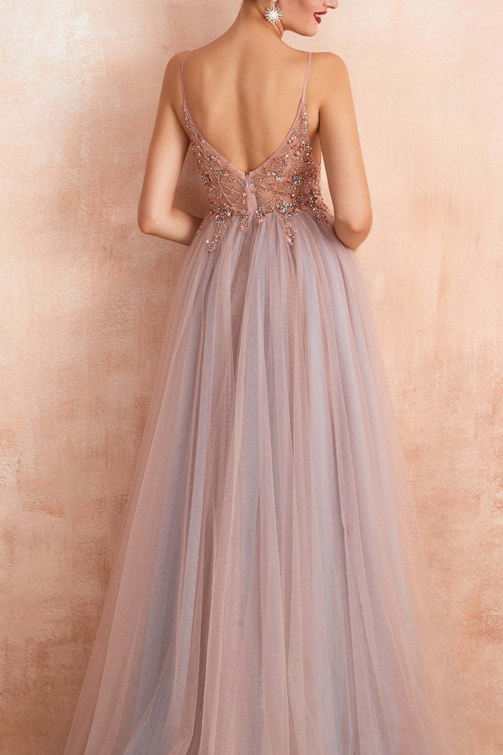 Long Blue Prom Dress with Spaghetti Straps and Slit