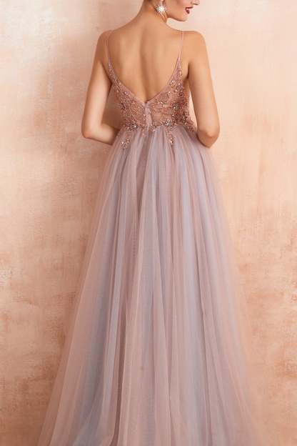Long Pink Prom Dress with Spaghetti Straps and Slit