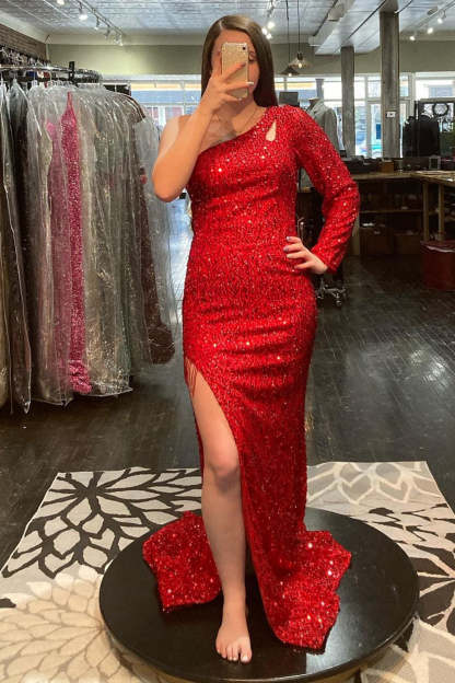 Red Sequined Mermaid Prom Dress with Silt and One Shoulder